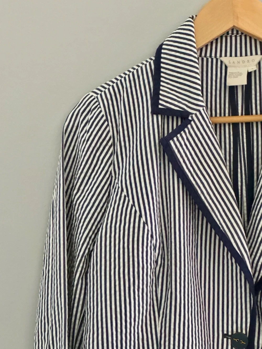 Sandro Cotton Blazer Blue White Stripe Nautical Styling Seersucker Jacket Large
